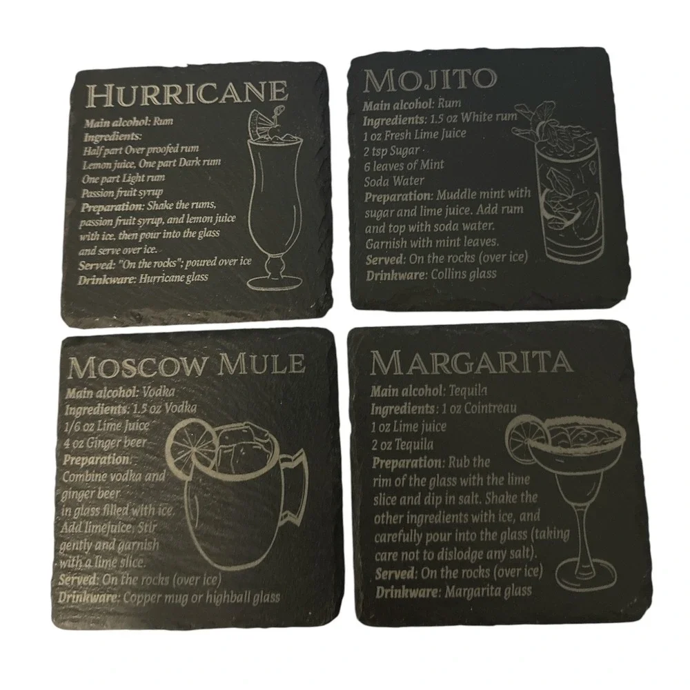 Set of 4 Slate Cocktail Recipe Coasters Mojito Margarita Moscow Mule Hurricane